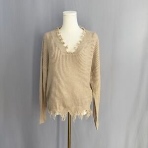 Daytrip V-Neck Frayed Hem Sweater - Beige